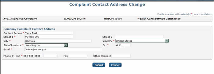 Complaint contact address change screen