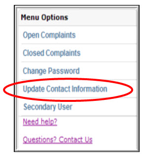Menu options screen showing update contact information