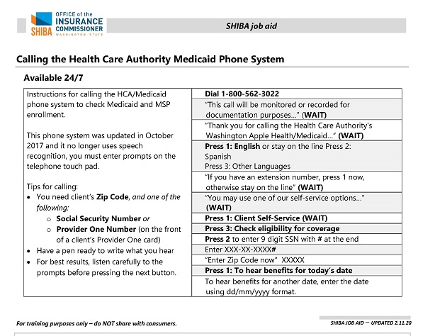 Picture of Calling the Health Care Authority Medicaid phone system document