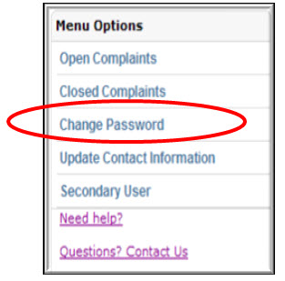Menu options showing change password