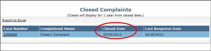 Closed complaints screen