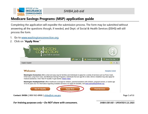 Picture of Medicare Savings Programs (MSP)) application guide document