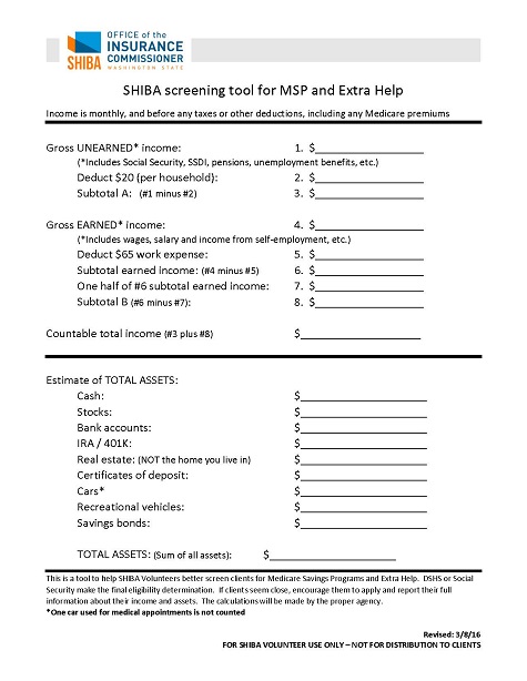 Picture of SHIBA screening tool for MSP and Extra Help document