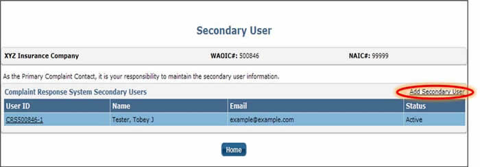 Secondary User screen showing how to add a secondary user