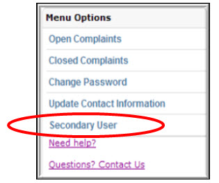 Menu options screen showing secondary user