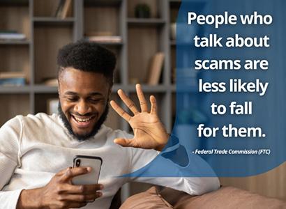 Picture of African American man on phone with text about sharing scam information.