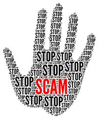 Graphic of a hand with the word Stop and scam written all over the hand.