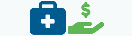 Blue medical box icon next to green money hand icon