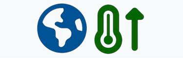 Blue earth, green thermometer with arrow pointing up